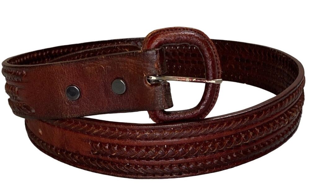 VTG Brown/Mahogany Braided Leather Belt Size 36 Handmade Mexico Removable Buckle